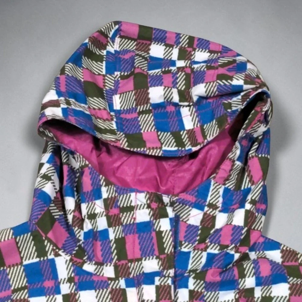 Columbia Youth Girls 10/12 Waterproof Rain Jacket Hooded Pink Blue Plaid SG 7424